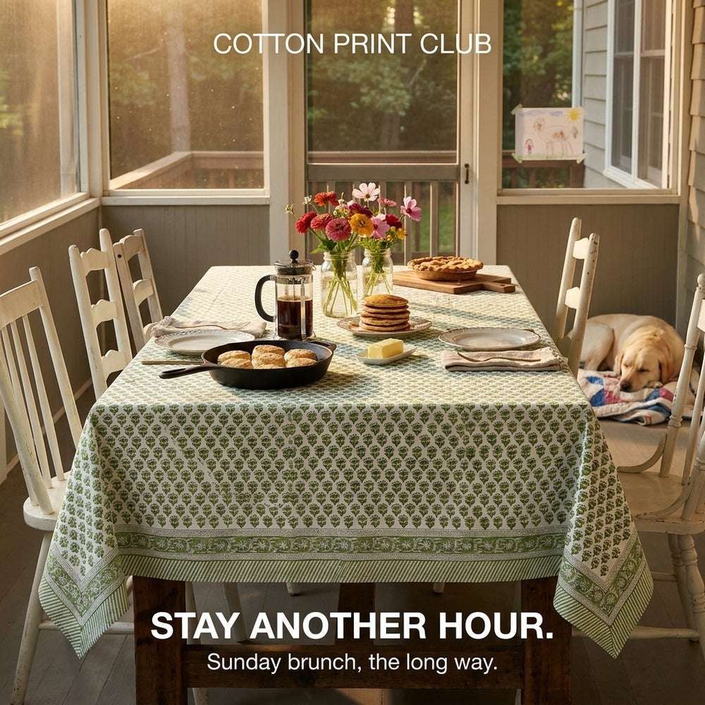 Cotton Block Print Tablecloth – Emerald Green