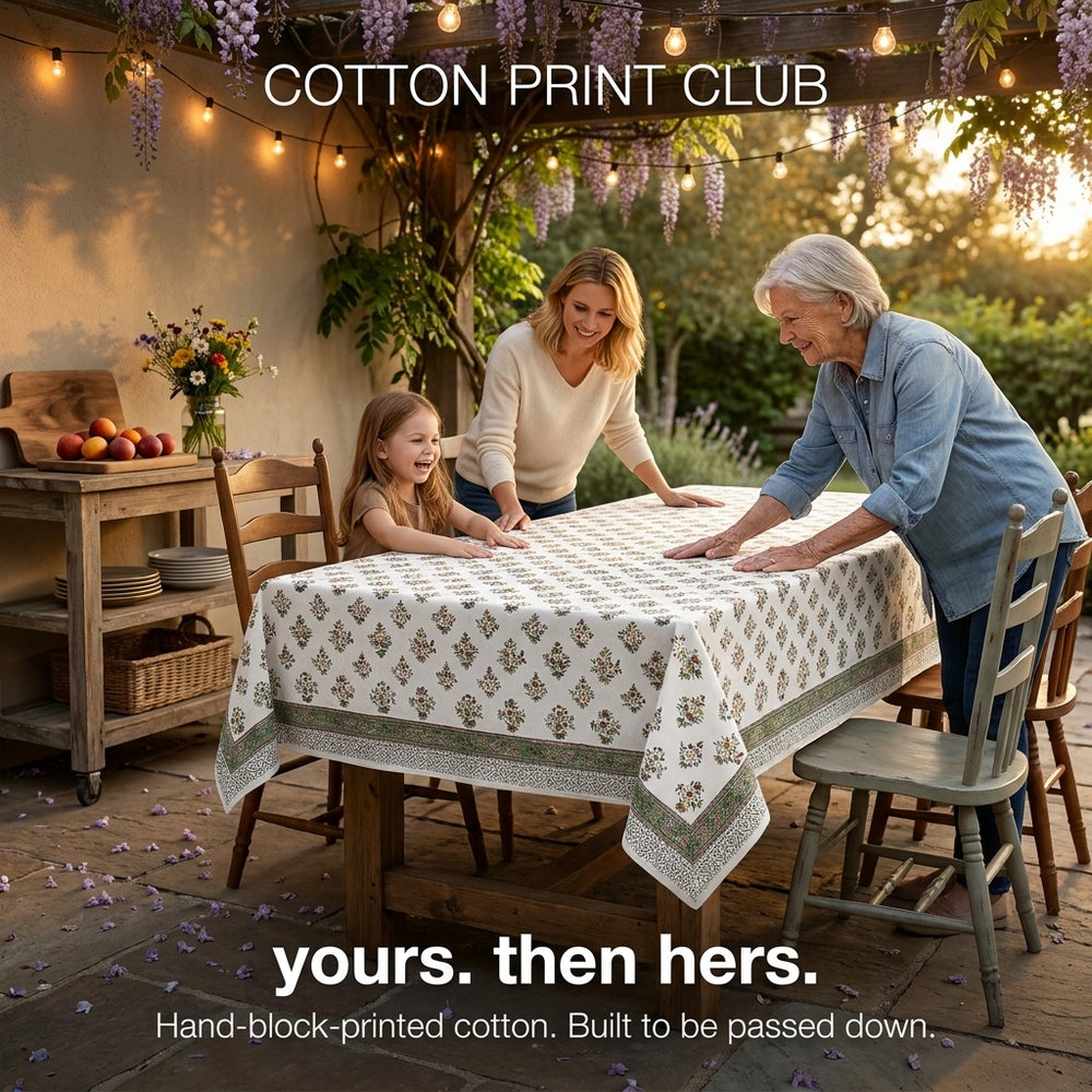 Cotton Block Print Tablecloth – Forest Green