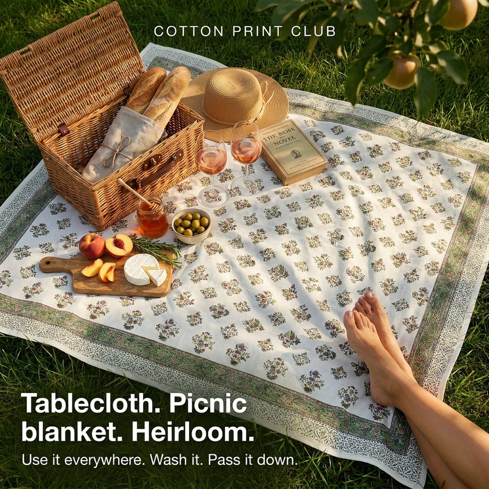 Cotton Block Print Tablecloth – Forest Green