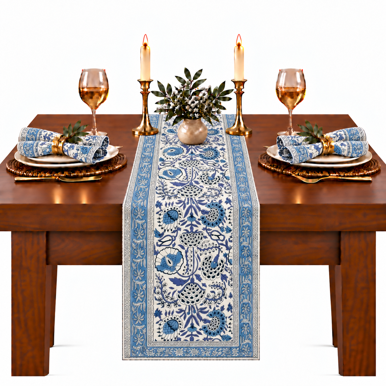 Cotton Block Print Table Runner - Indigo Blue