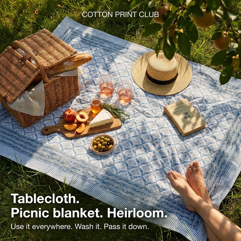 Cotton Block Print Tablecloth – Indigo Regal