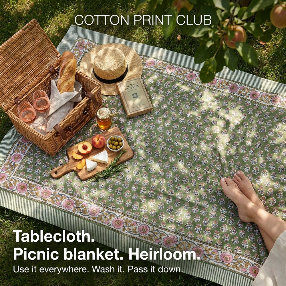 Cotton Block Print Tablecloth – Jade Green