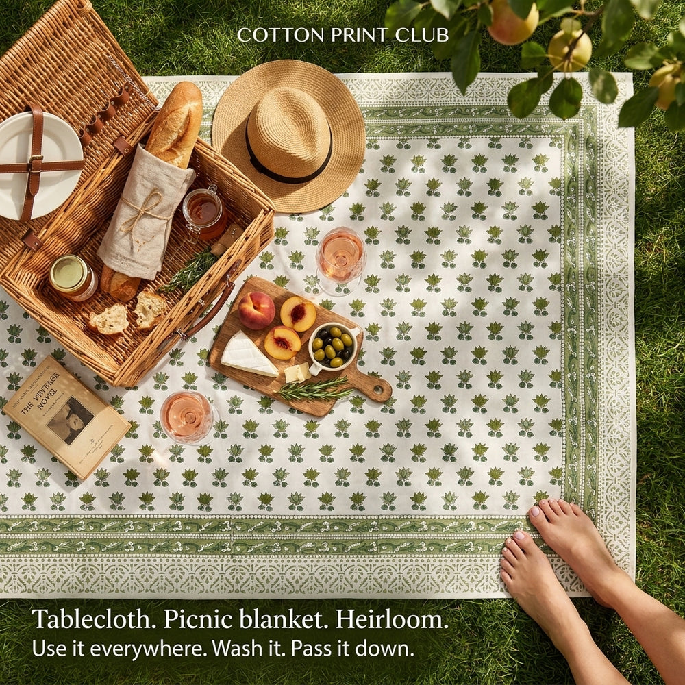 Cotton Block Print Tablecloth – Lotus Meadow