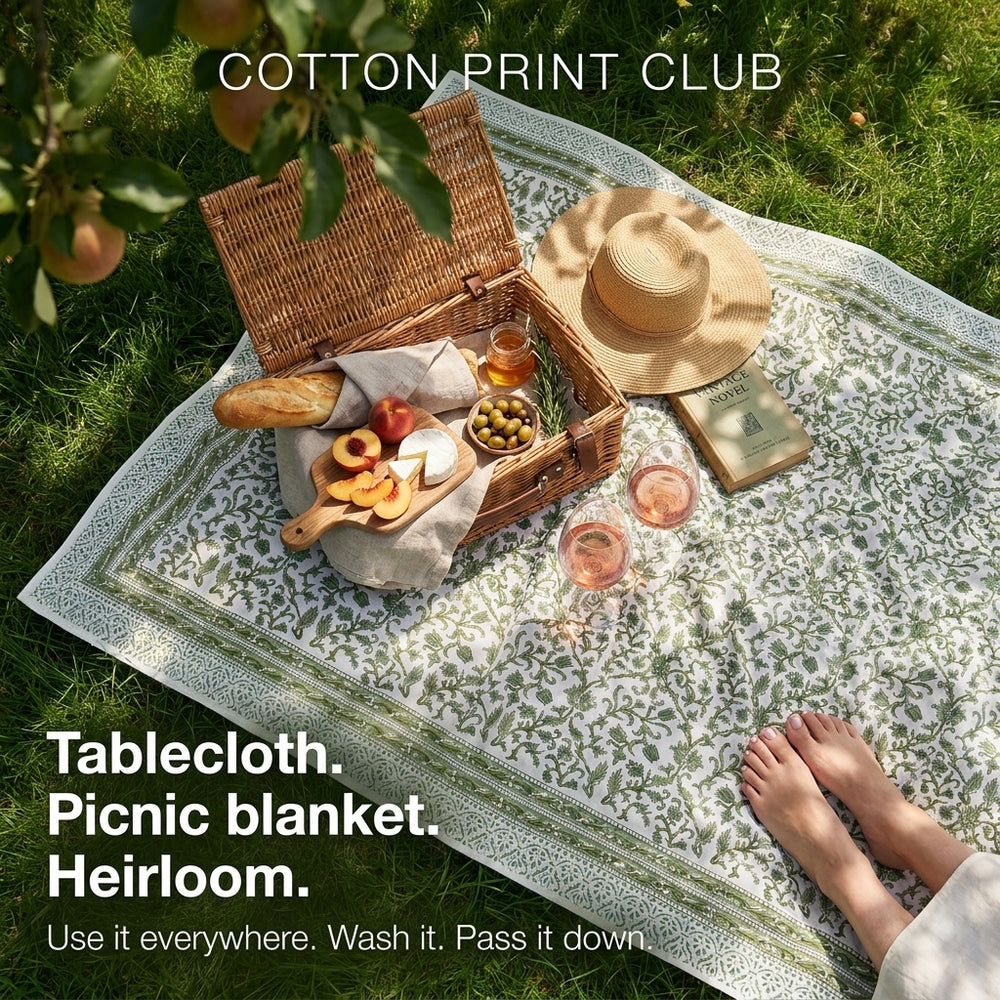 Cotton Block Print Tablecloth – Meadow Vine