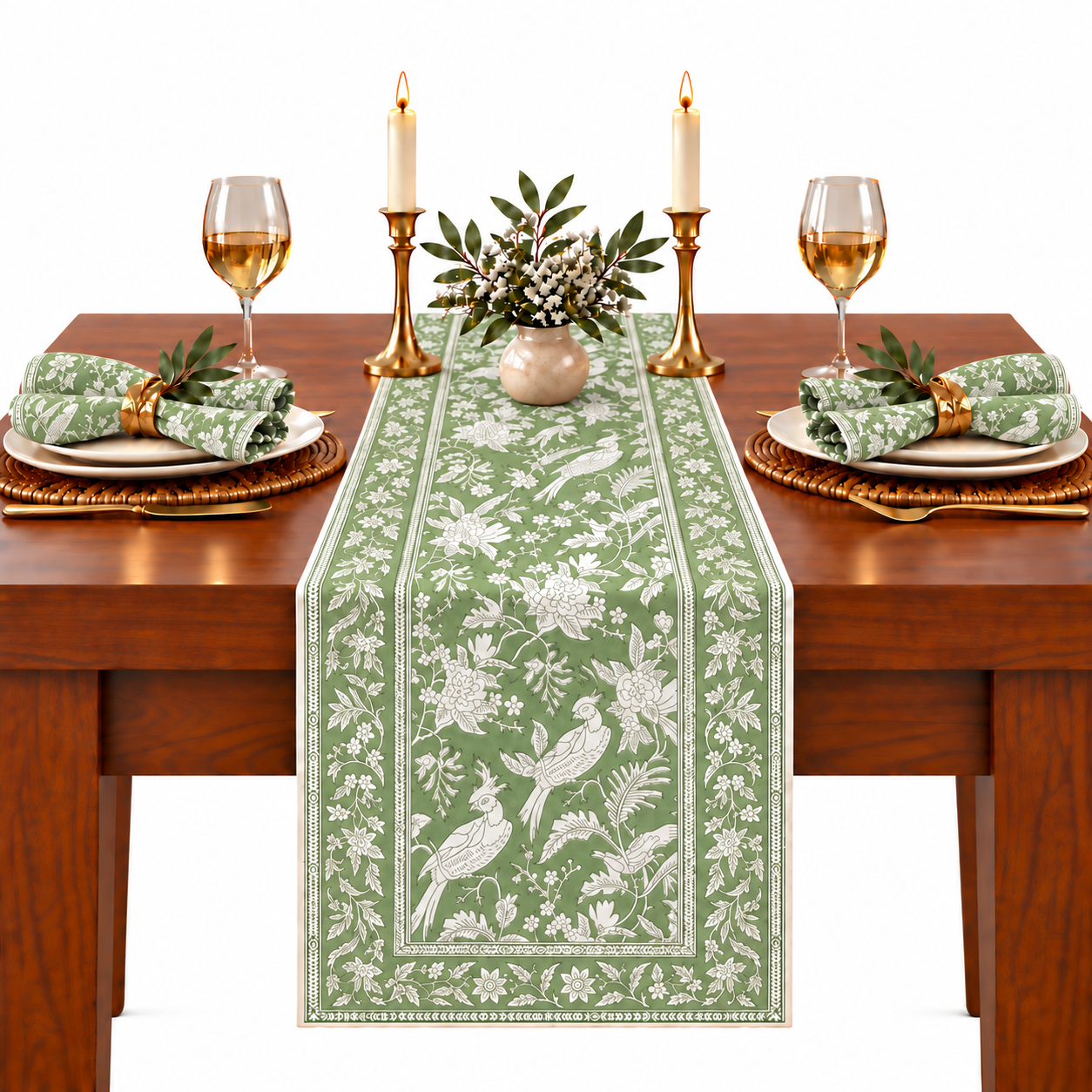 Cotton Block Print Table Runner - Olive Green