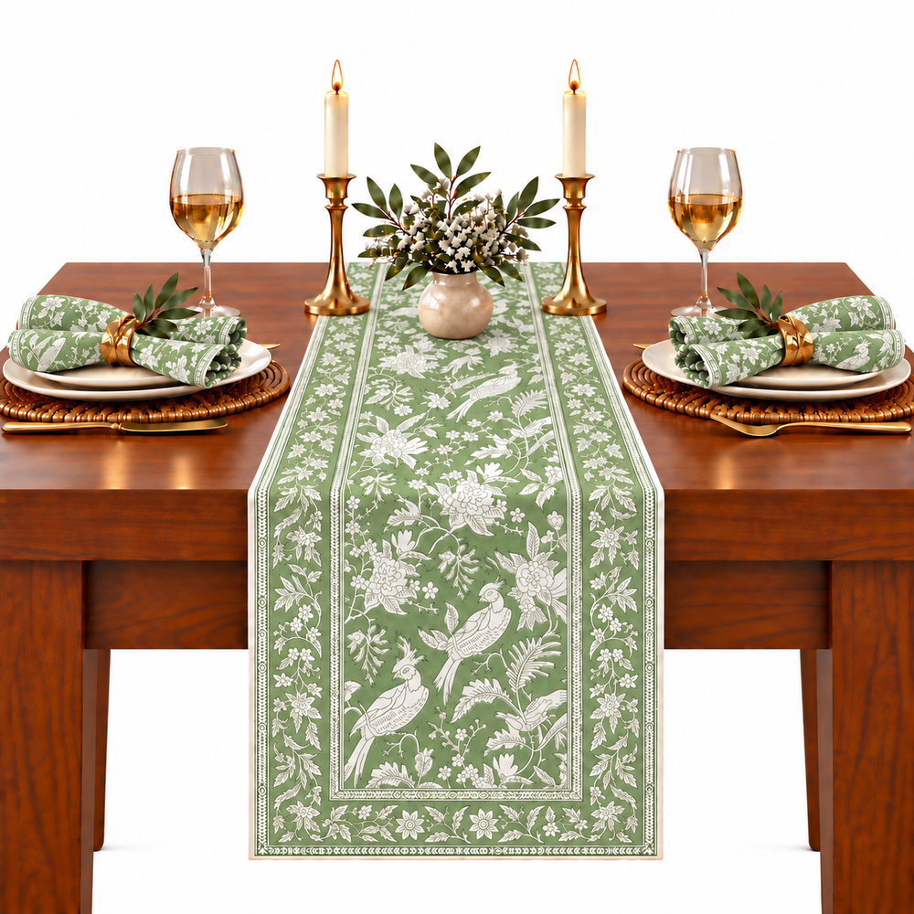 Cotton Block Print Table Runner - Olive Green