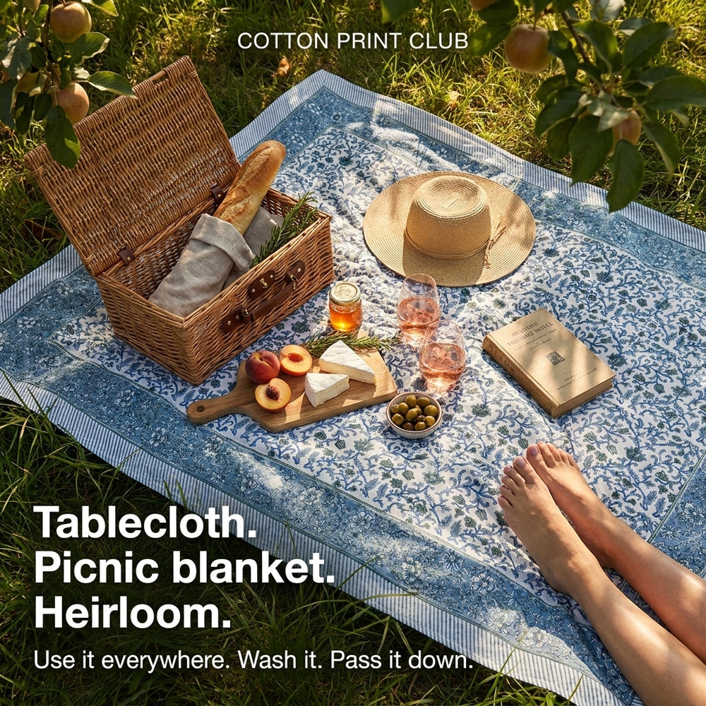 Cotton Block Print Tablecloth – Ocean Vine