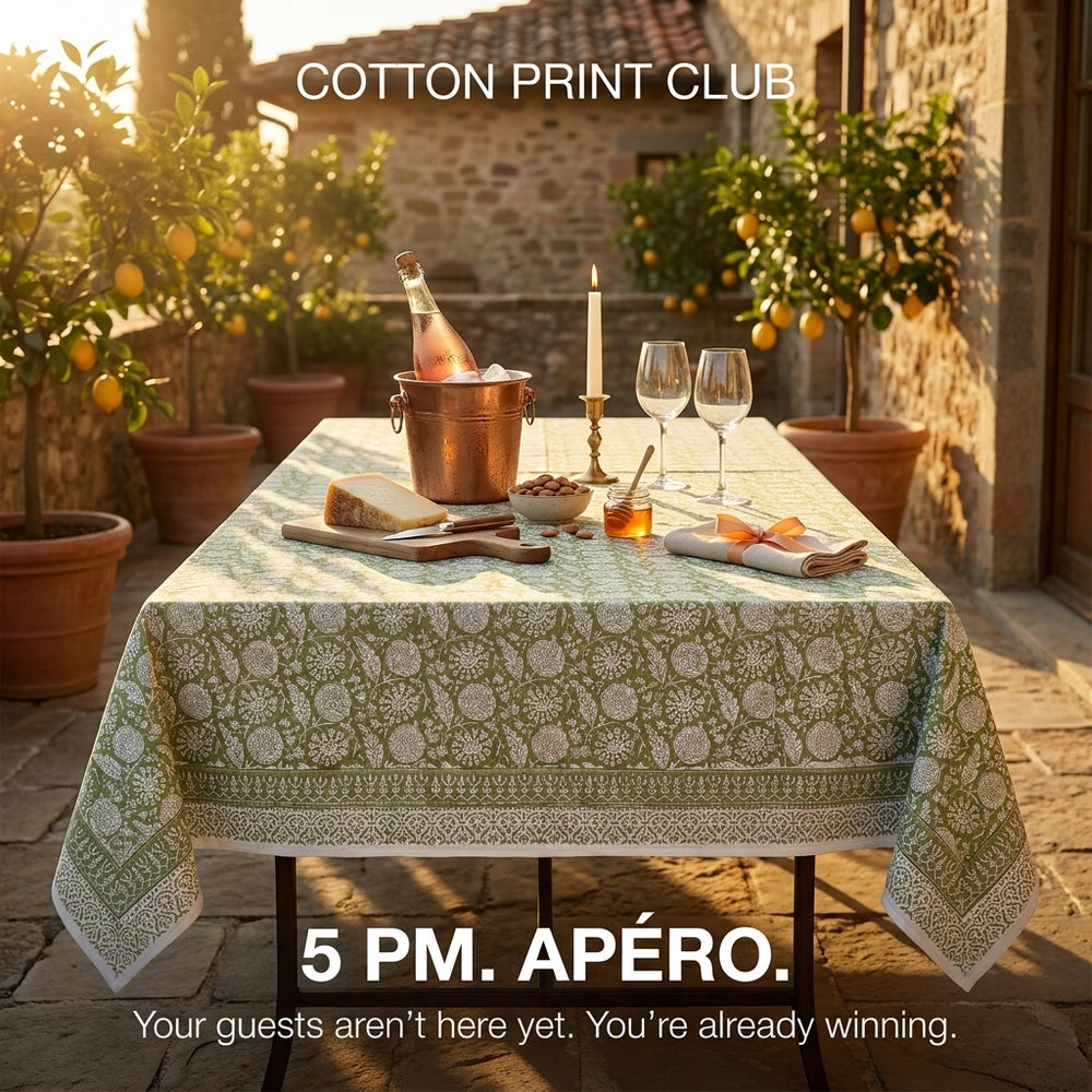 Cotton Block Print Tablecloth – Olive Bloom