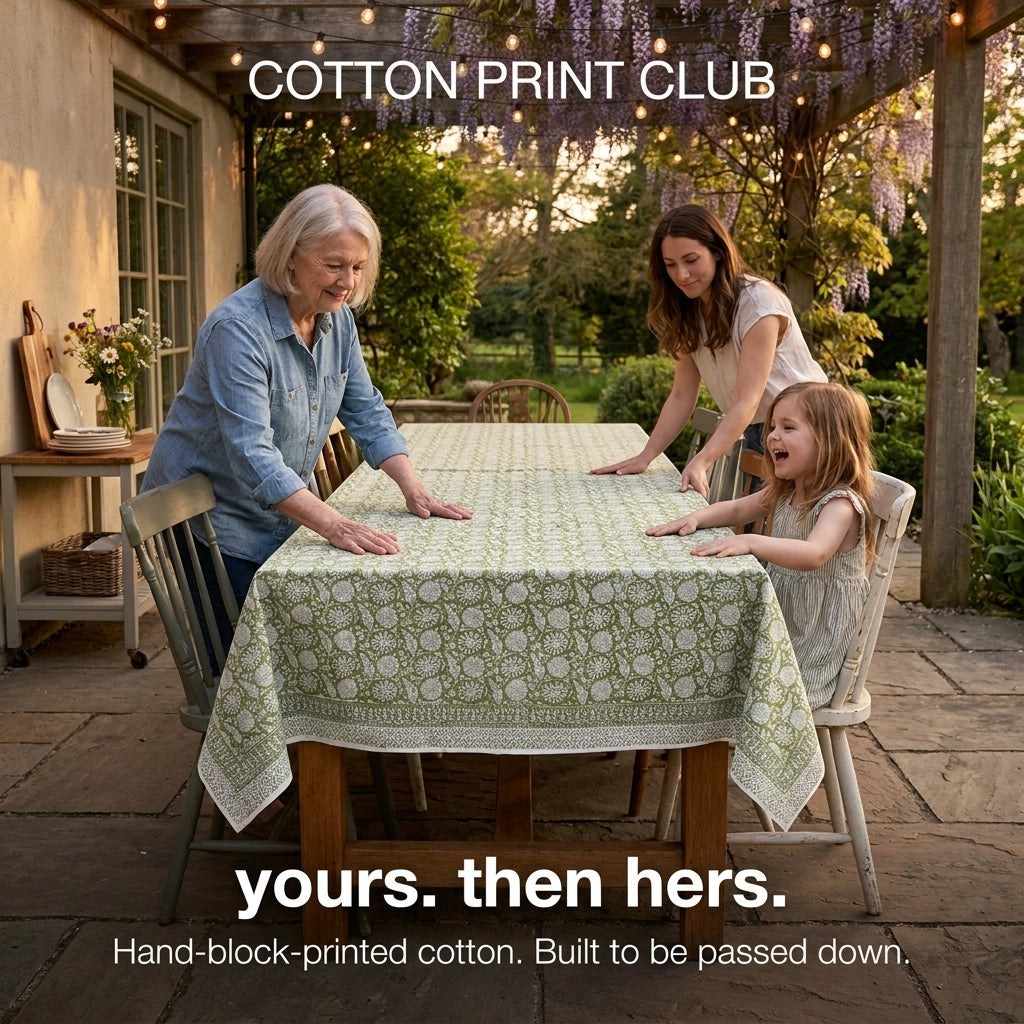 Cotton Block Print Tablecloth – Olive Bloom