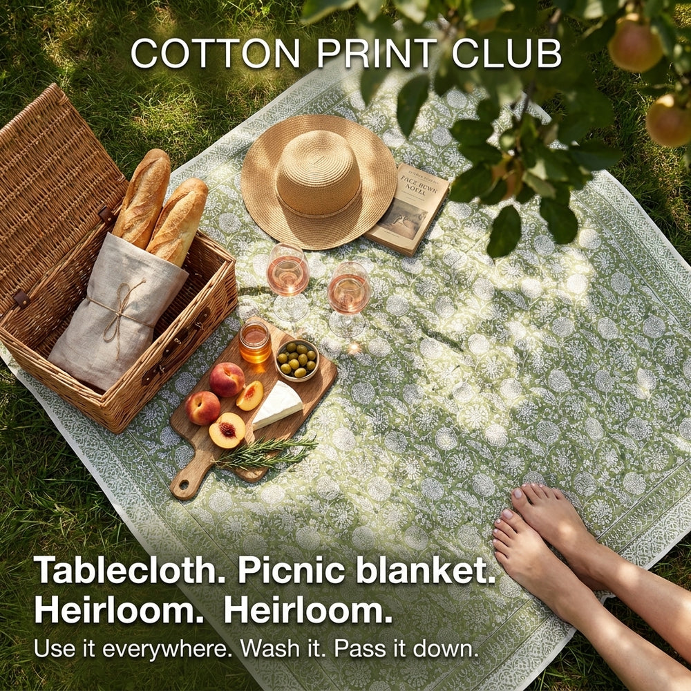 Cotton Block Print Tablecloth – Olive Bloom