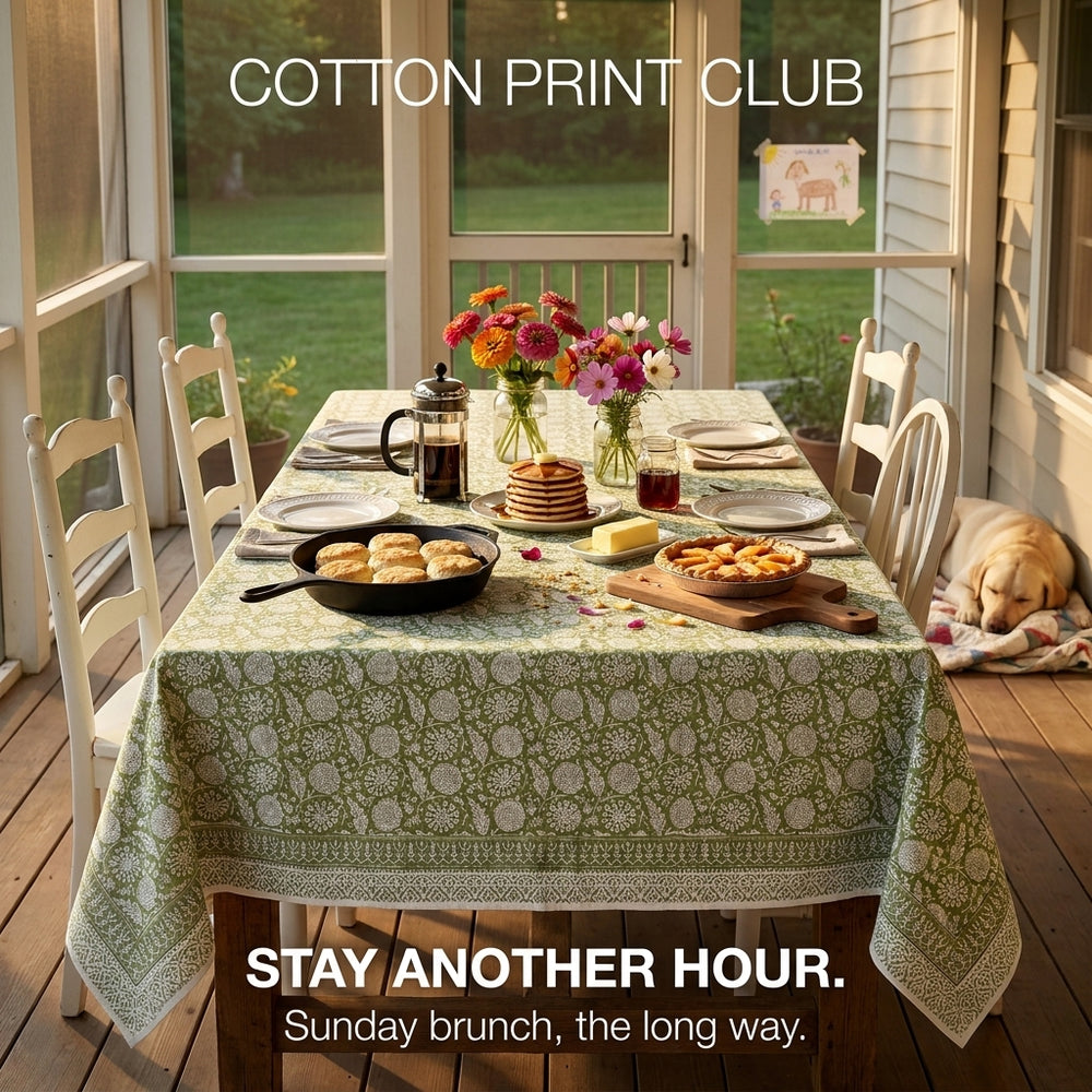 Cotton Block Print Tablecloth – Olive Bloom