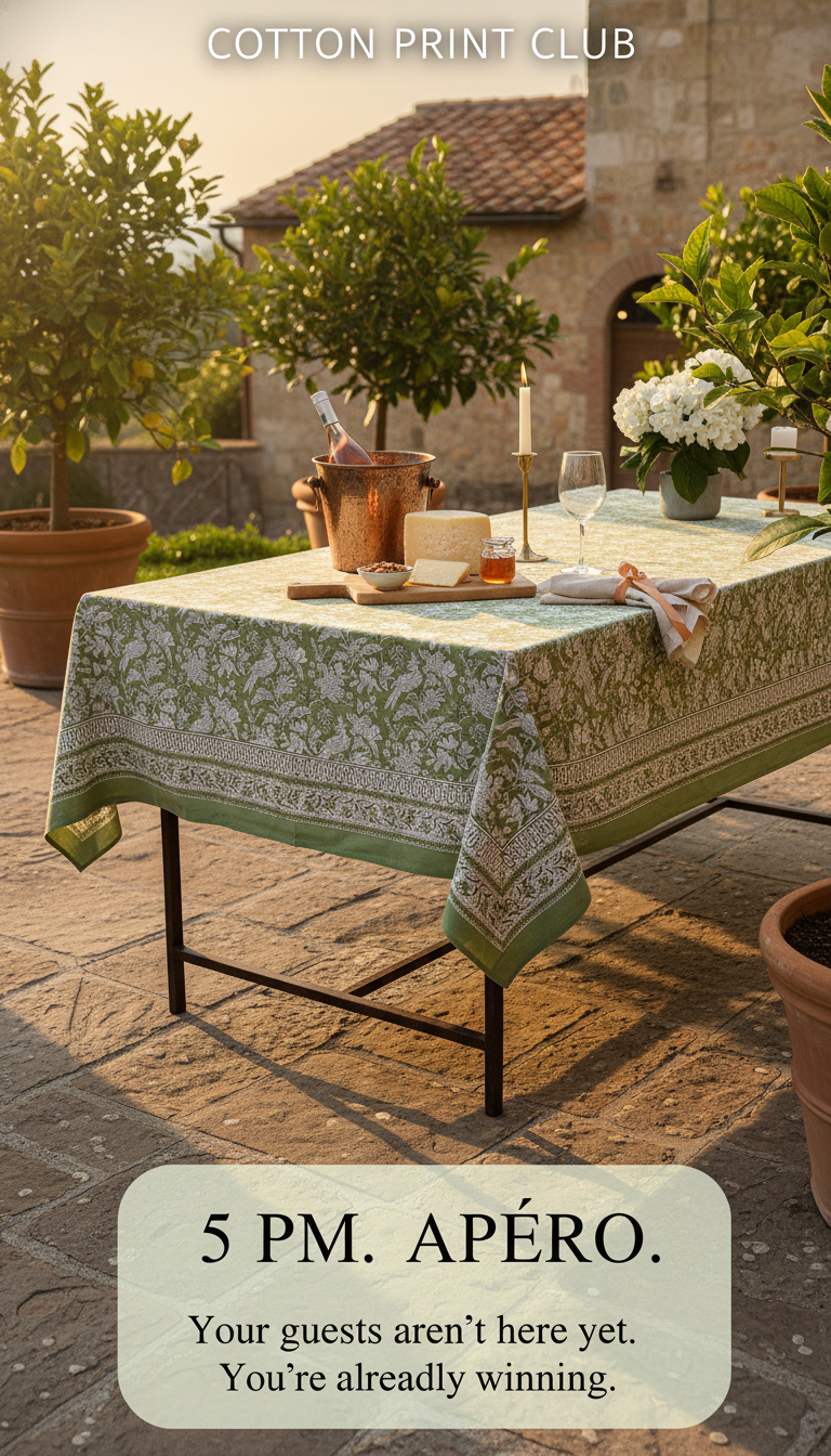Cotton Block Print Tablecloth – Olive Green