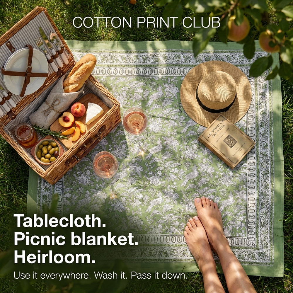 Cotton Block Print Tablecloth – Olive Green