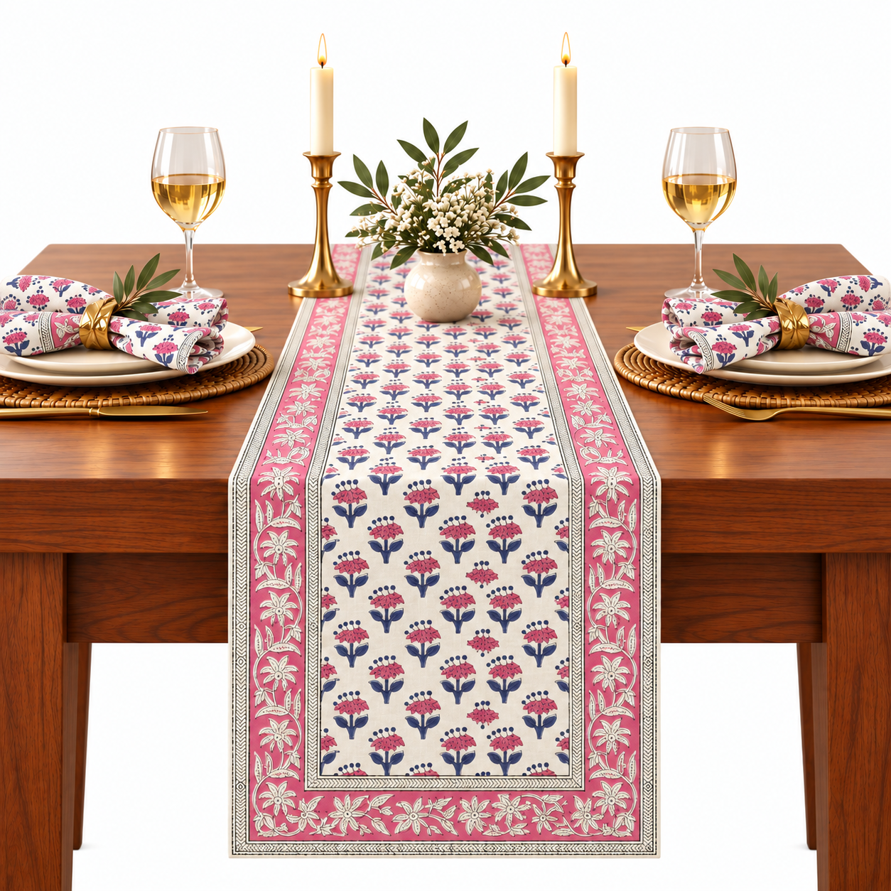 Cotton Block Print Table Runner - Pink Sapphire