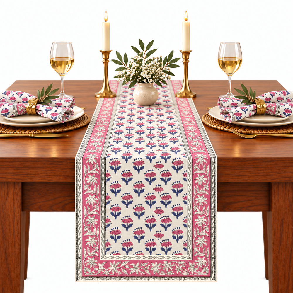 Cotton Block Print Table Runner - Pink Sapphire