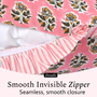 Close-up of a smooth invisible zipper on a decorative pillow cover with floral block print fabric.