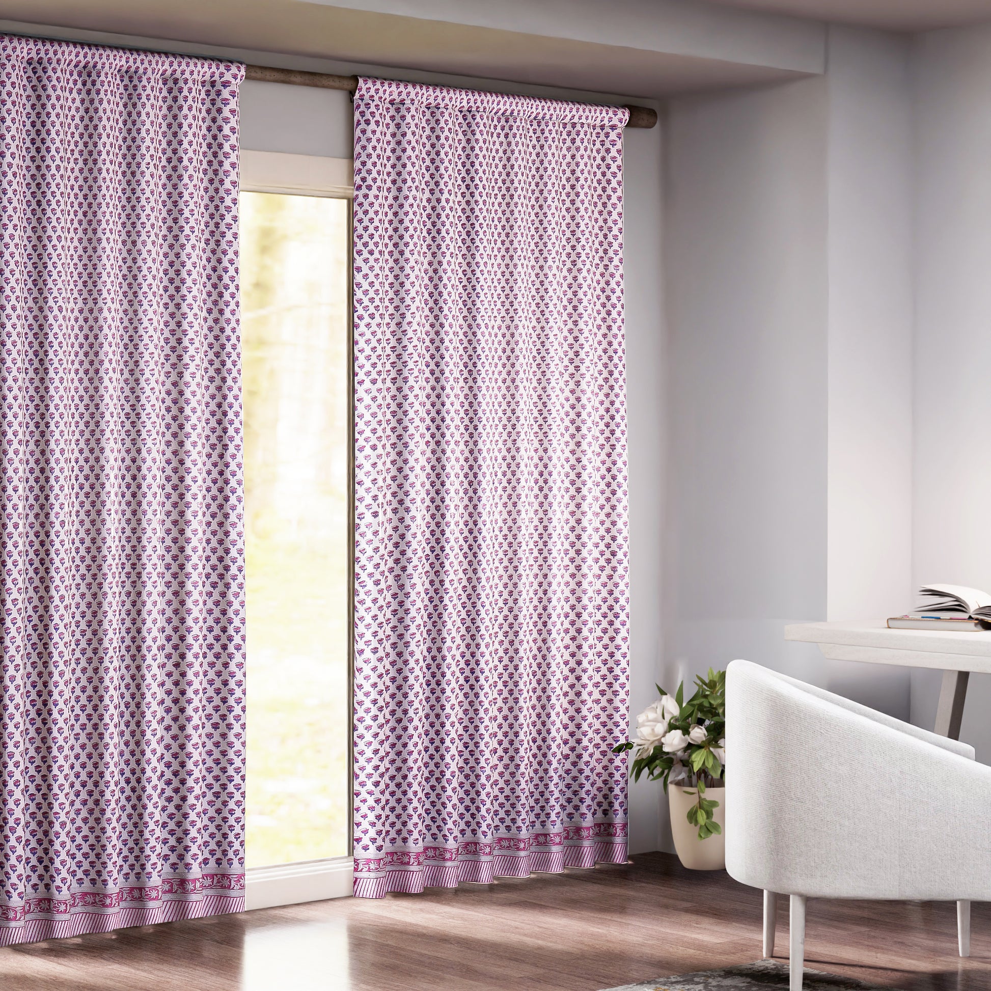 Semi-Sheer Cotton Block Print Curtains - Pink Sapphire