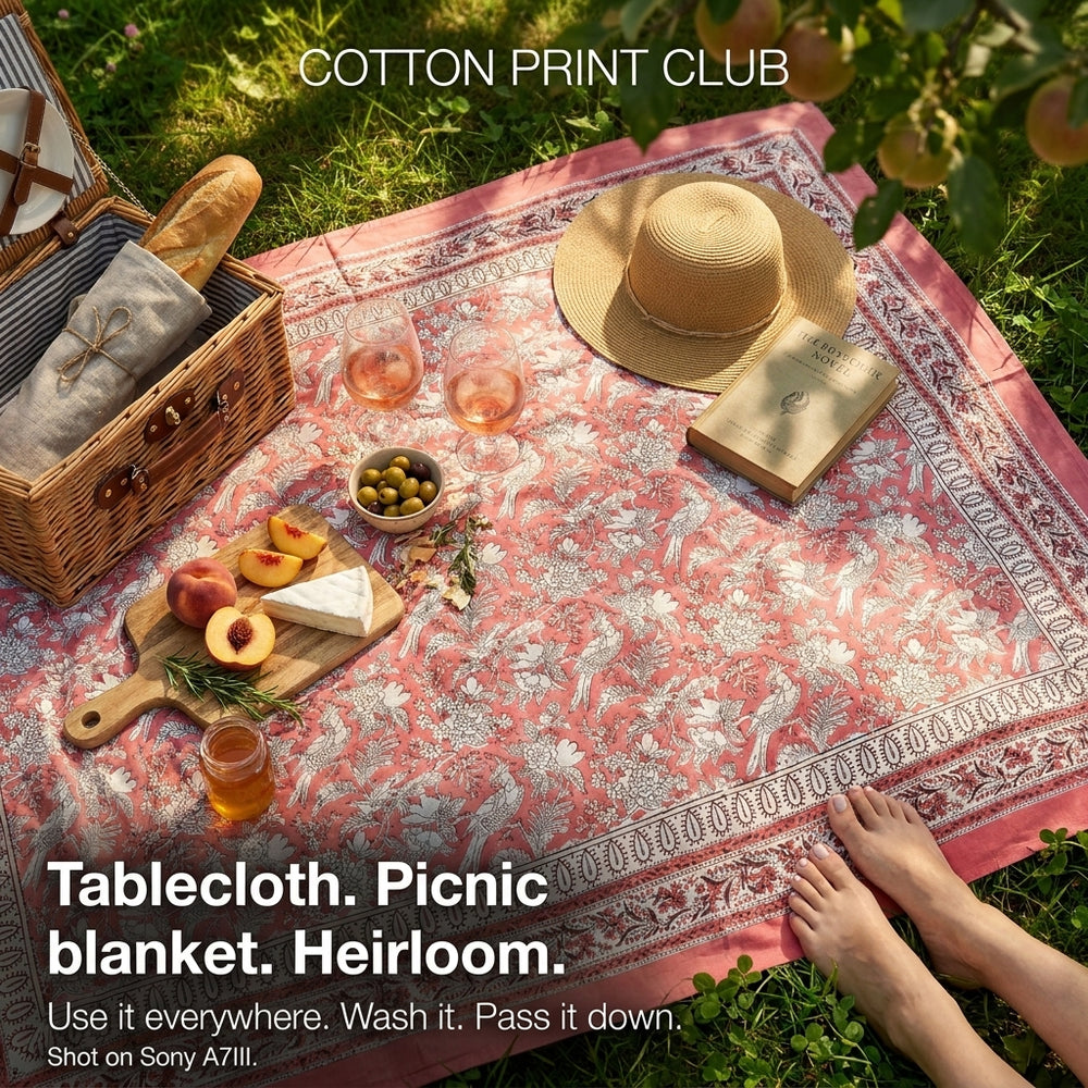 Cotton Block Print Tablecloth – Coral Pink