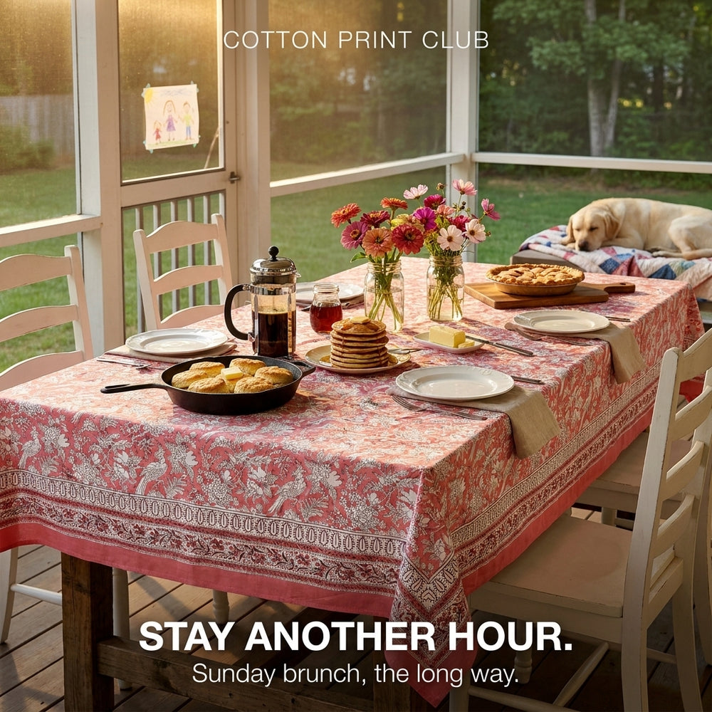 Cotton Block Print Tablecloth – Coral Pink