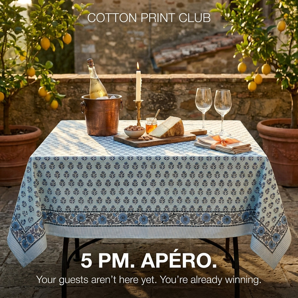 Cotton Block Print Tablecloth – Poppy Blue