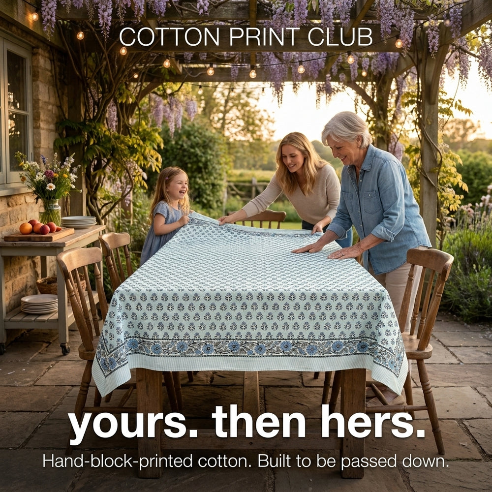 Cotton Block Print Tablecloth – Poppy Blue