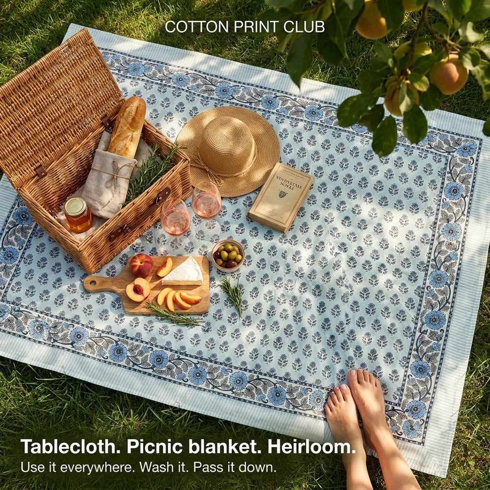 Cotton Block Print Tablecloth – Poppy Blue