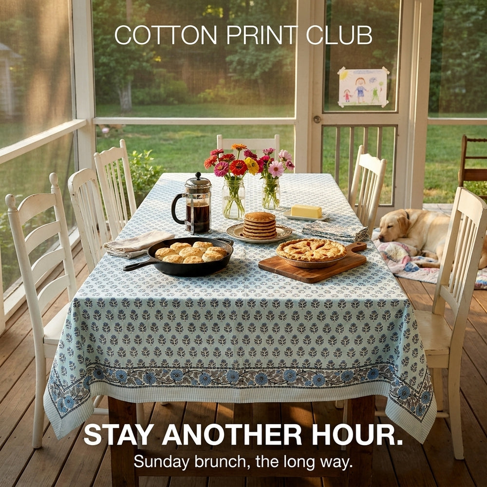 Cotton Block Print Tablecloth – Poppy Blue