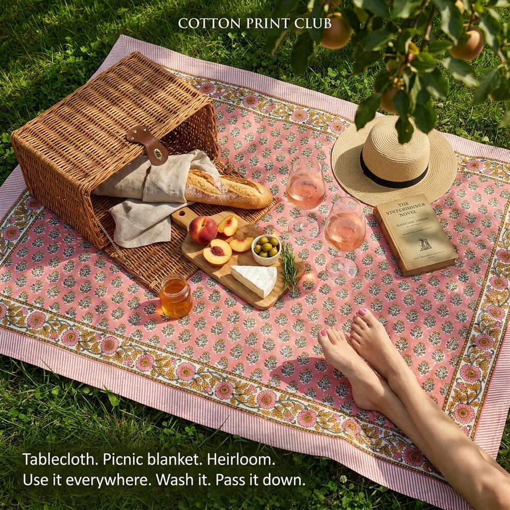Cotton Block Print Tablecloth – Poppy Pink