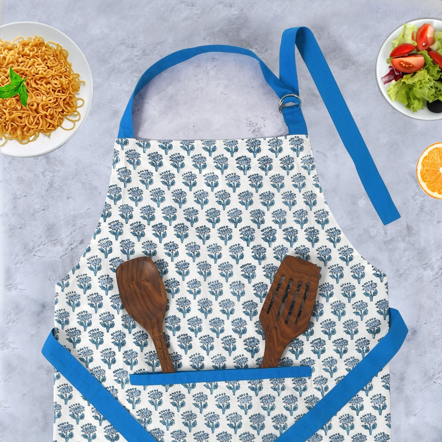 Elegant blue and white floral kitchen apron with pockets