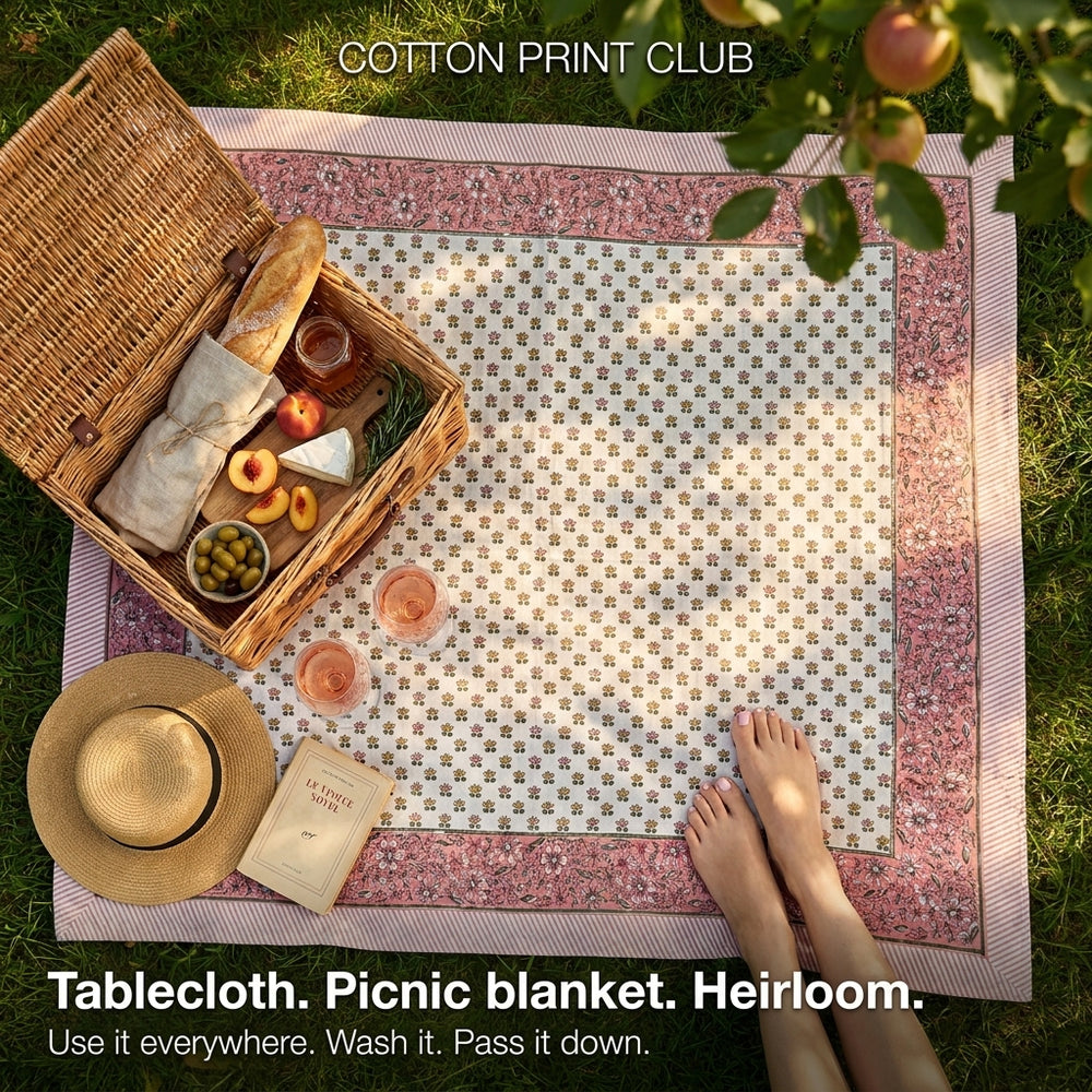 Cotton Block Print Tablecloth – Rosette Bloom