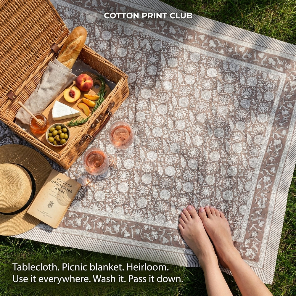 Cotton Block Print Tablecloth – Rustic Brown