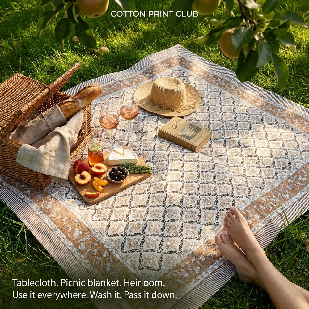 Cotton Block Print Tablecloth – Sandstone Regal