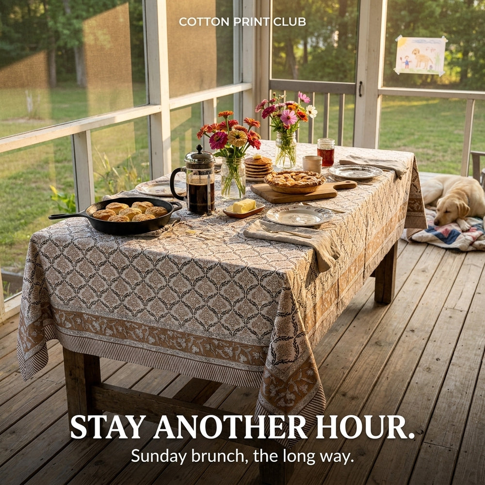 Cotton Block Print Tablecloth – Sandstone Regal