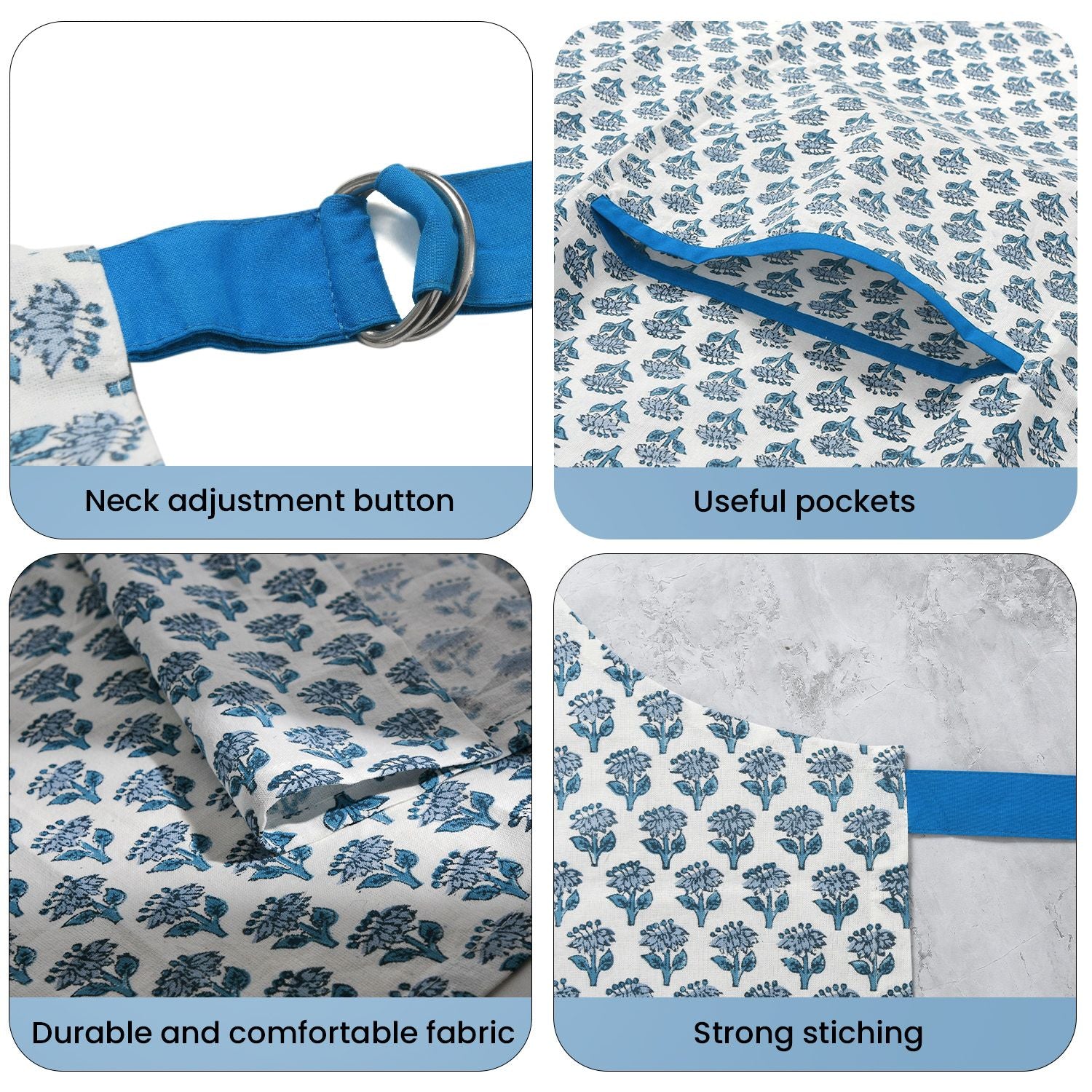 Classic blue and white floral apron with adjustable straps, pockets, durable cotton, and strong stitching