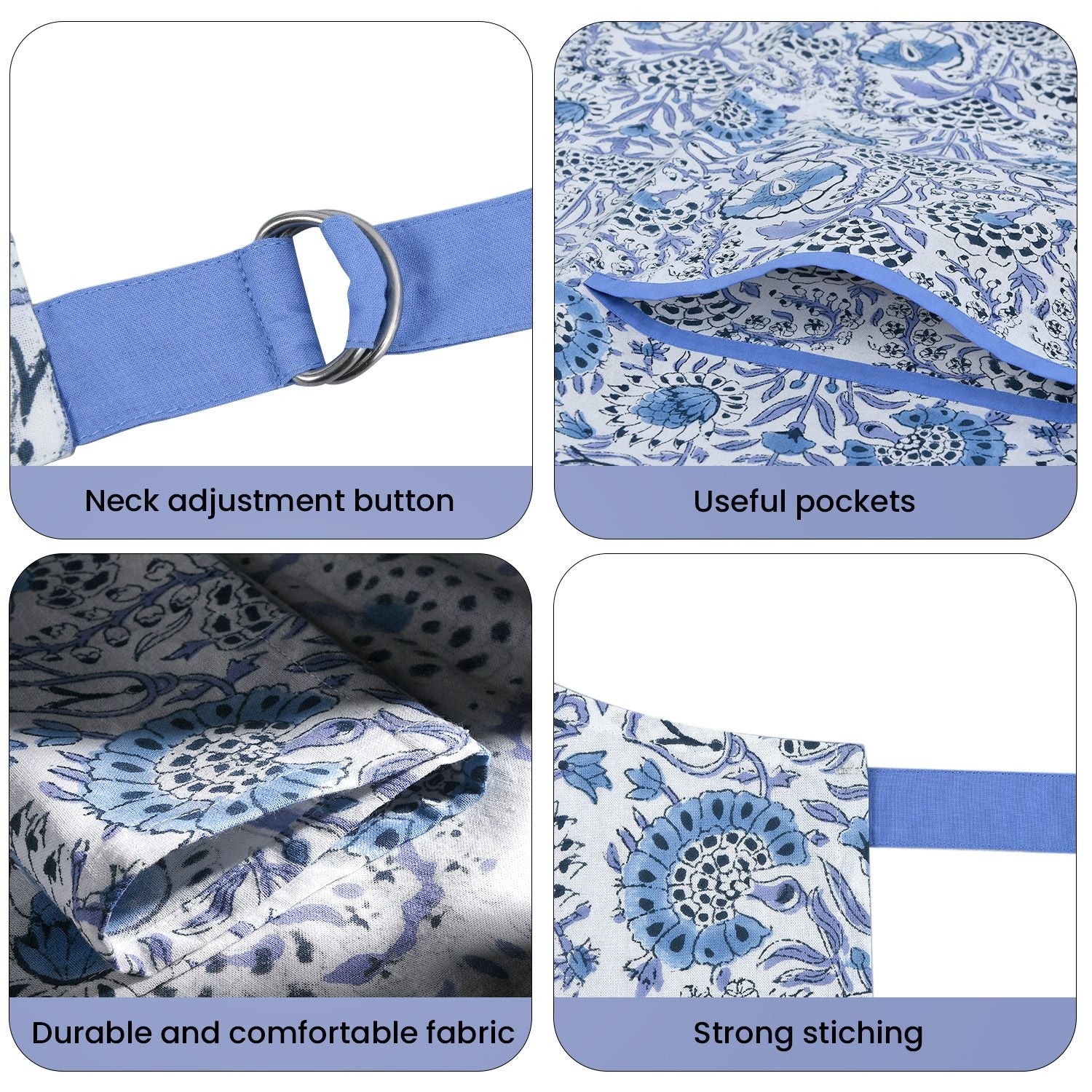Blue cotton kitchen apron with neck adjustable straps, useful pockets, durable fabric, and strong stitching