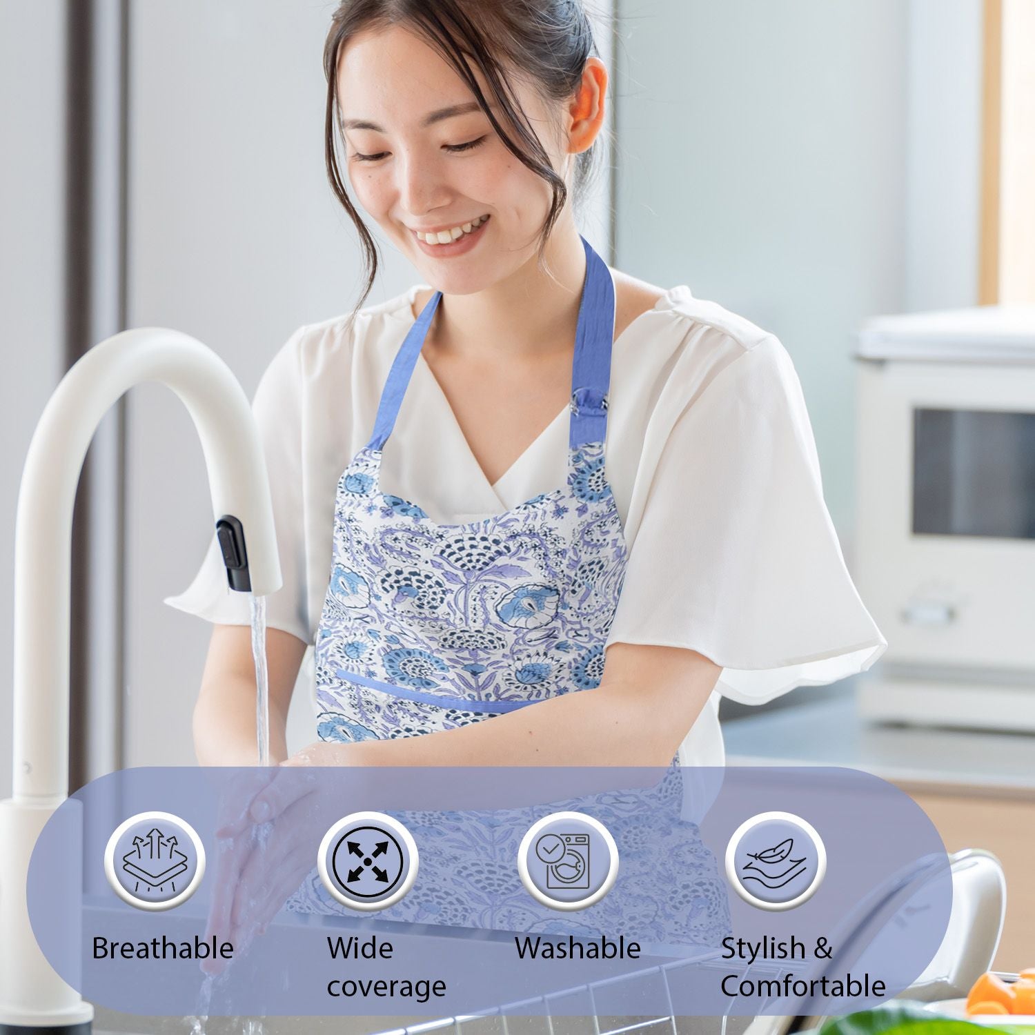 washable and Durable blue apron with waist tie and neck loop