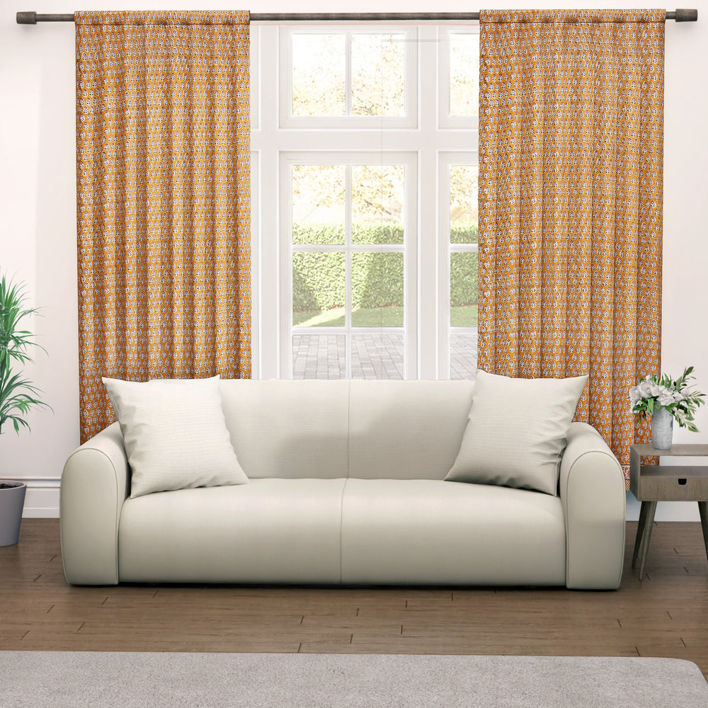 Semi-Sheer Cotton Block Print Curtains - Yellow Citrine