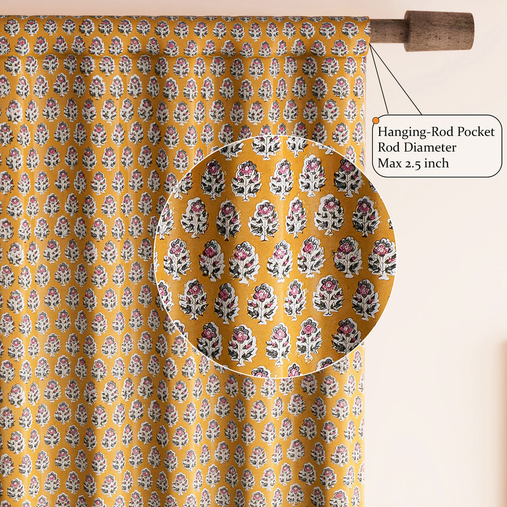 Semi-Sheer Cotton Block Print Curtains - Yellow Citrine