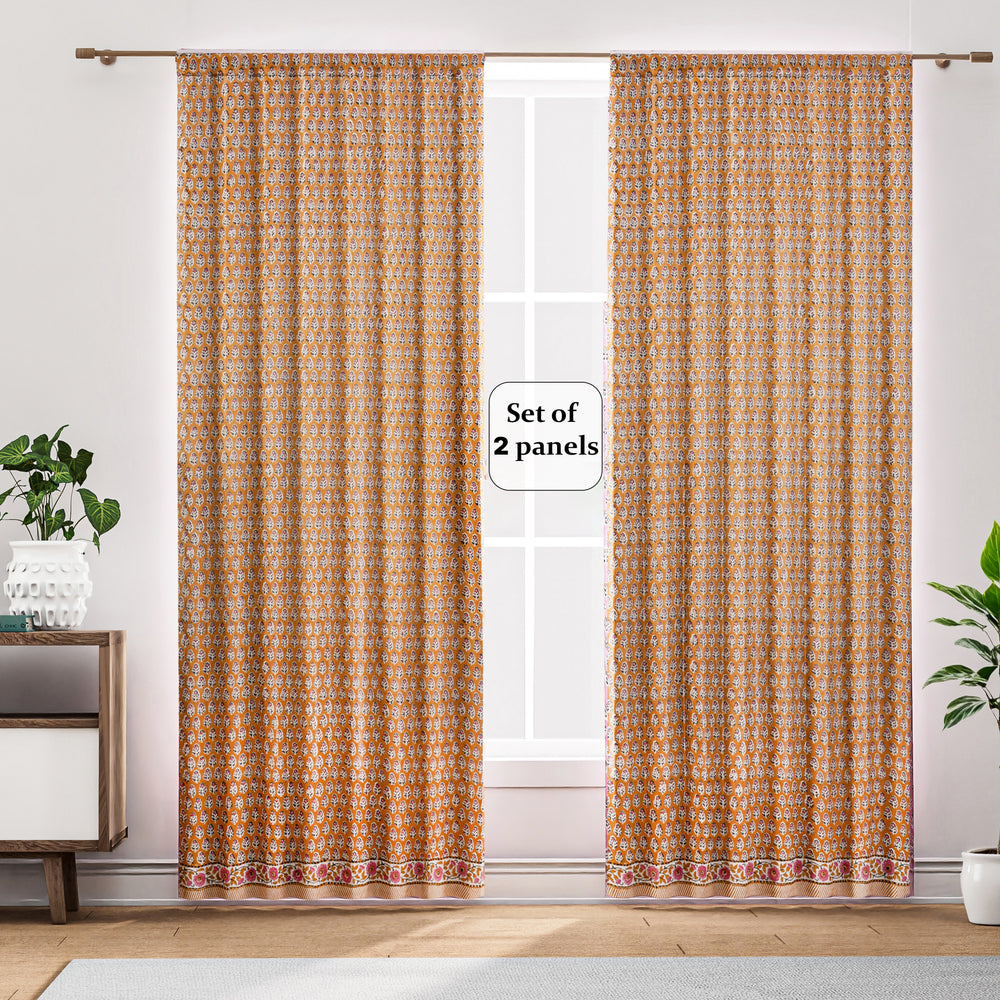 Semi-Sheer Cotton Block Print Curtains - Yellow Citrine