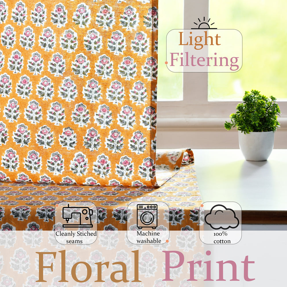 Semi-Sheer Cotton Block Print Curtains - Yellow Citrine