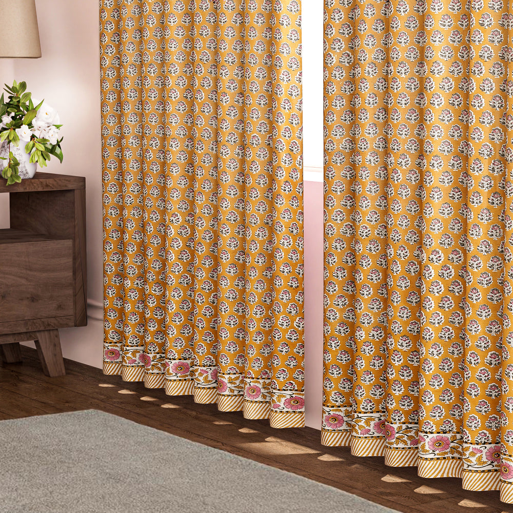 Semi-Sheer Cotton Block Print Curtains - Yellow Citrine