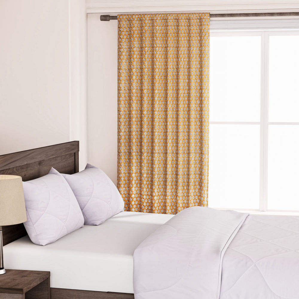 Semi-Sheer Cotton Block Print Curtains - Yellow Citrine