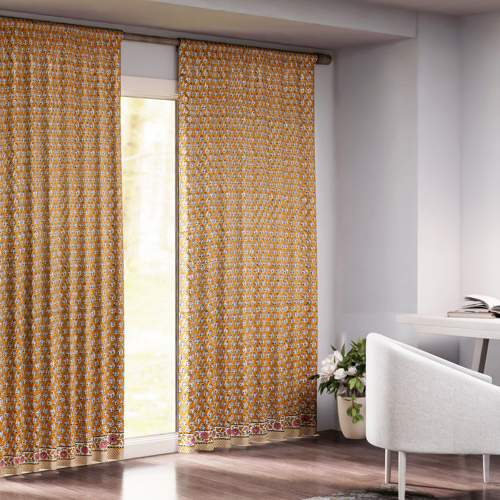 Semi-Sheer Cotton Block Print Curtains - Yellow Citrine