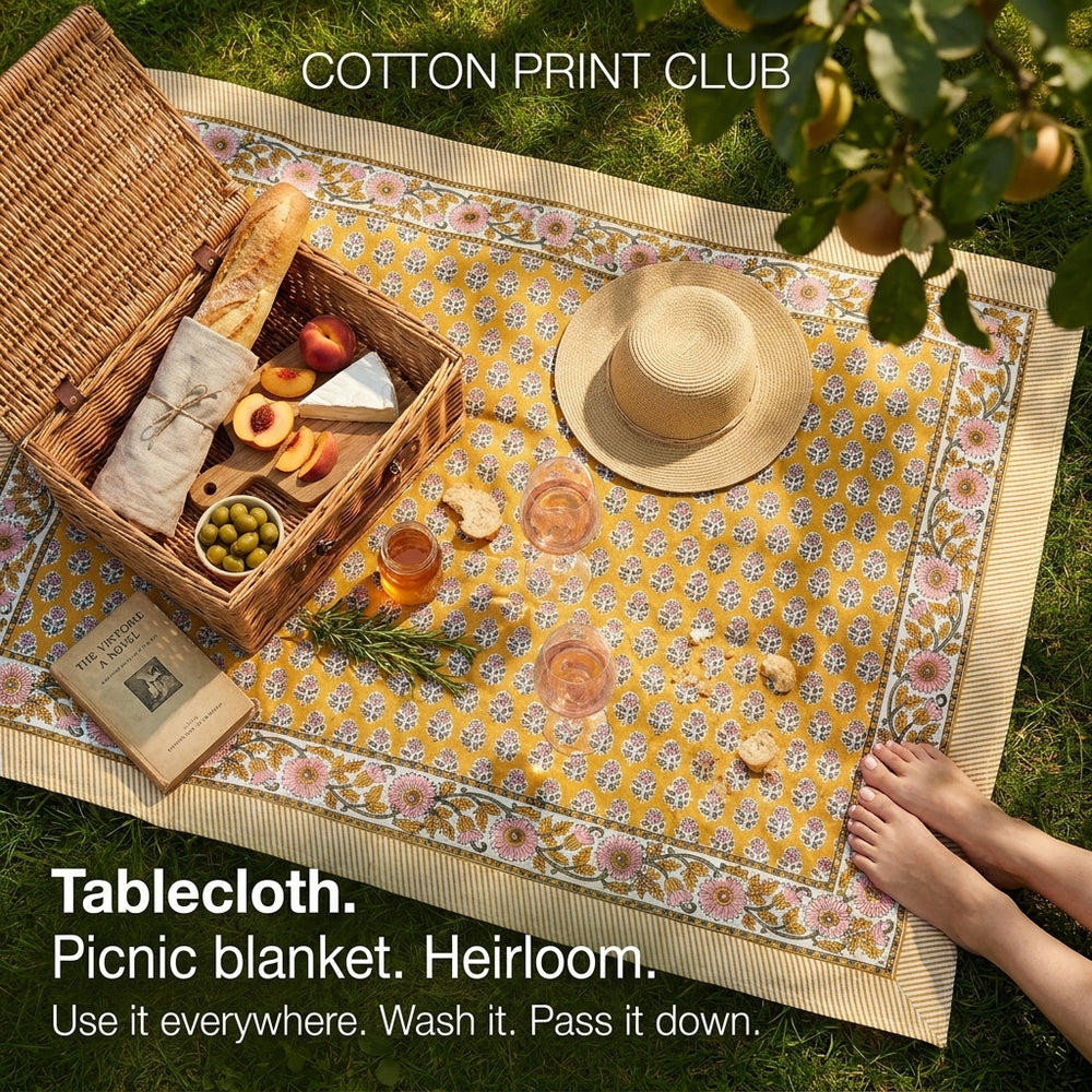 Cotton Block Print Tablecloth – Yellow Citrine