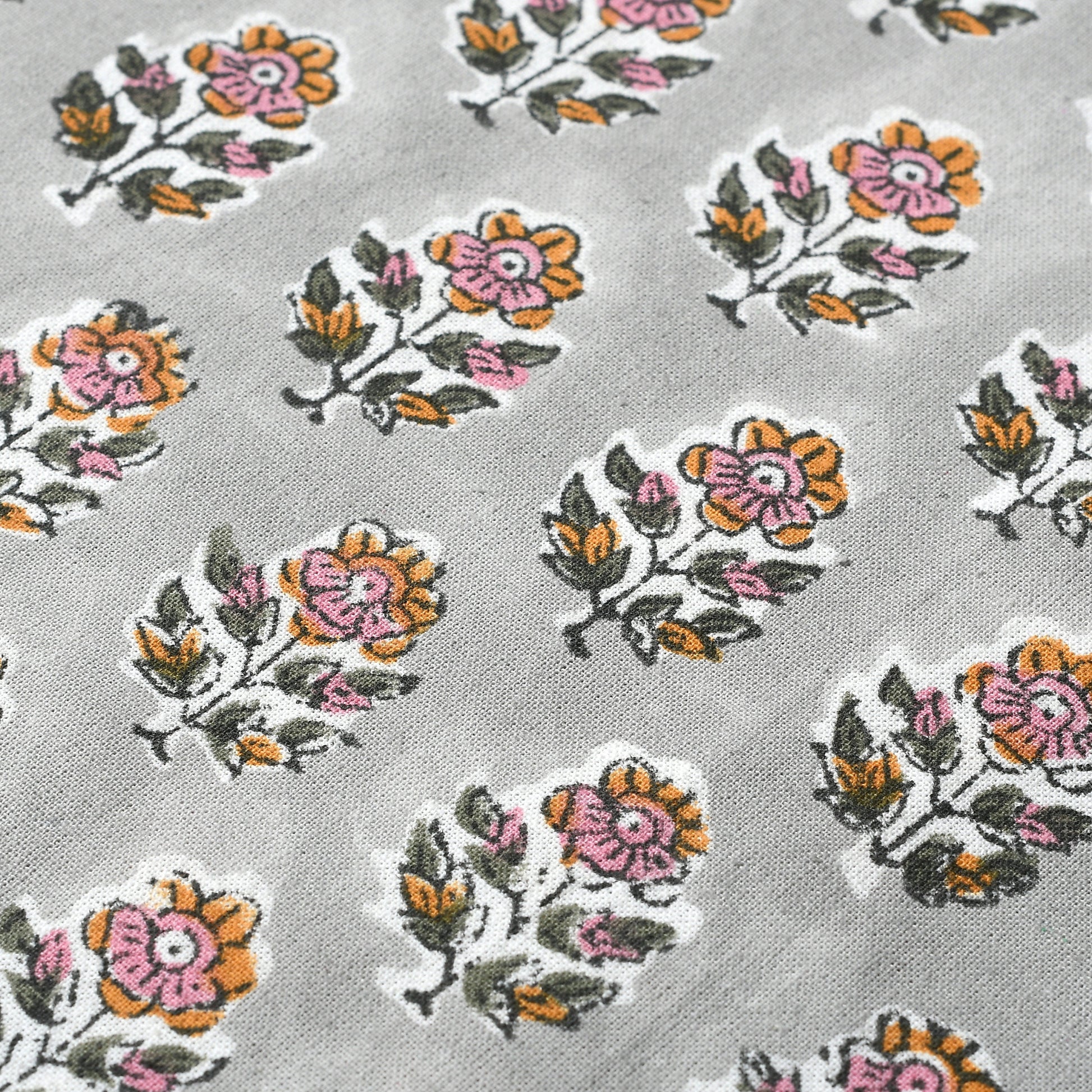 Closeup details of flowers on the cotton print club Labra Grey Cotton Tablecloth for dinner tables