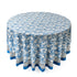 a round table with a blue and white tablecloth