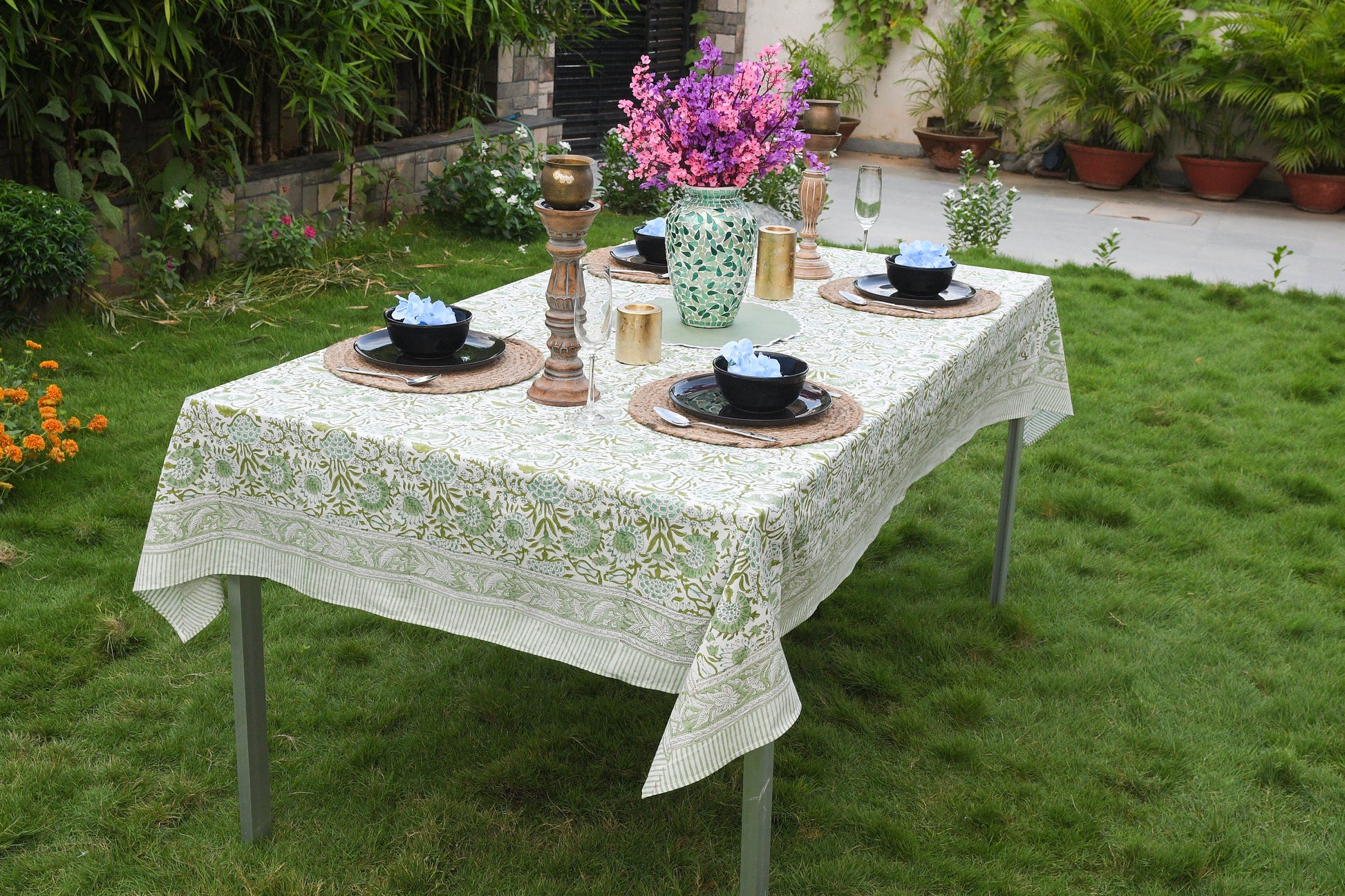 Agate Green  Hand Block Floral printed tablecloth in 100% pure cotton-4, 6, 8, 10,12 and14 seater dining table Wedding party home Event