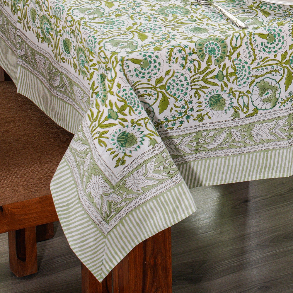 Agate Green  Hand Block Floral printed tablecloth in 100% pure cotton-4, 6, 8, 10,12 and14 seater dining table Wedding party home Event