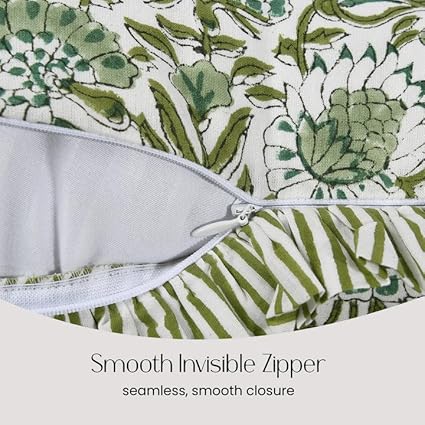 Fabric with green floral pattern and zipper, highlighting 'Smooth Invisible Zipper' feature.