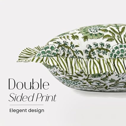 Decorative pillow with double-sided print and neat frill on a light gray background